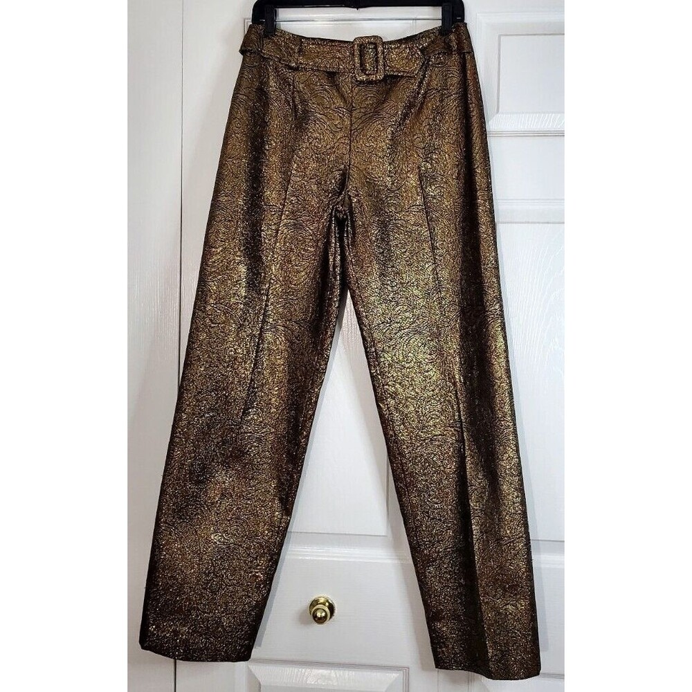VTG Veronique Young Women's Gold Metallic Dress Pants Red Imprinted Floral Sz 6